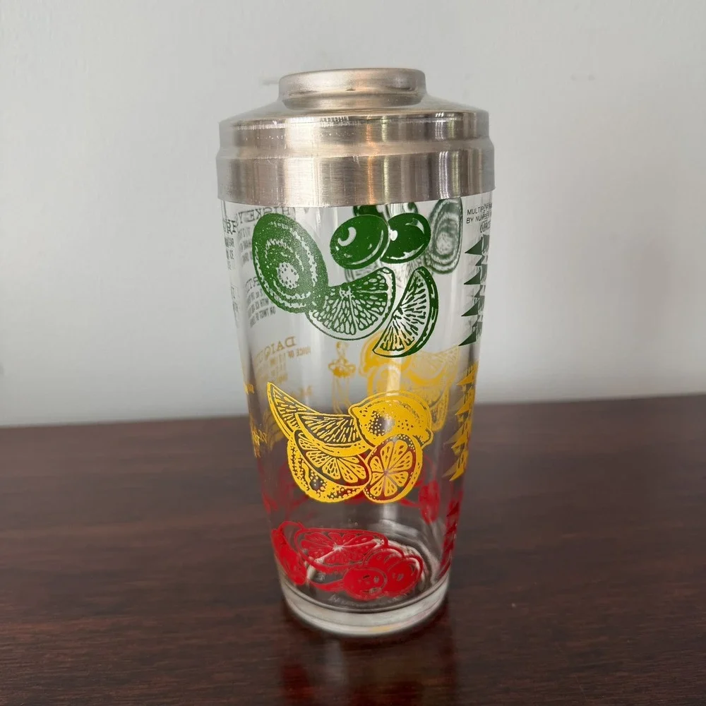VINTAGE Mr Bartender Cocktail SHAKER w/Recipes - Limes, Lemons, Cherries